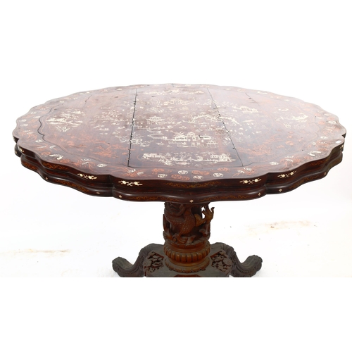 1152 - An impressive 19th century Chinese rosewood and ivory marquetry inlaid centre table, the top intrica... 