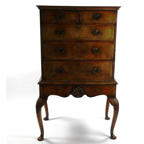 1242 - A George III chest on stand, with crossbanded drawer fronts, raised on carved cabriole legs, width 8... 