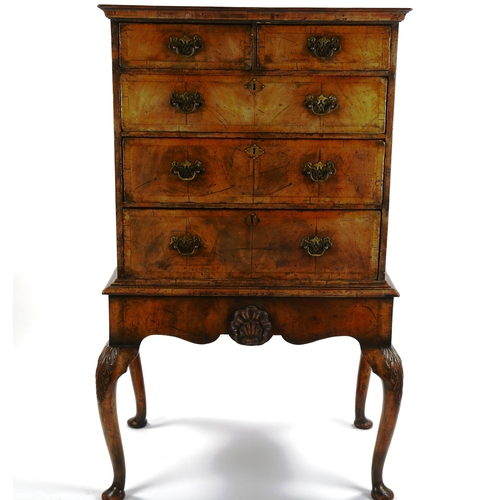 1242 - A George III chest on stand, with crossbanded drawer fronts, raised on carved cabriole legs, width 8... 