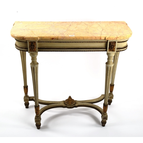 1243 - A French marble-topped console table, early 20th century, with shaped marble top on carved painted a... 