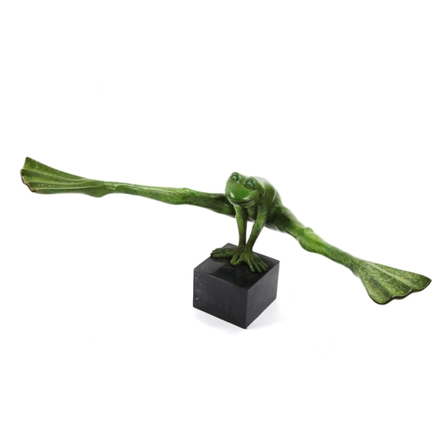 1249 - A green patinated bronze leap-frogging frog, on black marble block plinth, overall width 111cm, mode... 