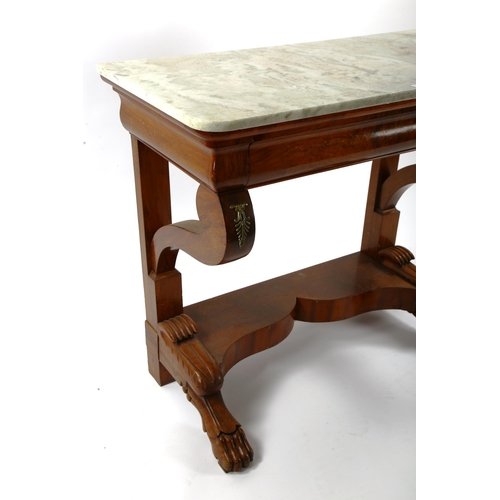 1251 - A 19th century mahogany marble-topped console table, with ogee-shaped frieze drawer, shaped end supp... 