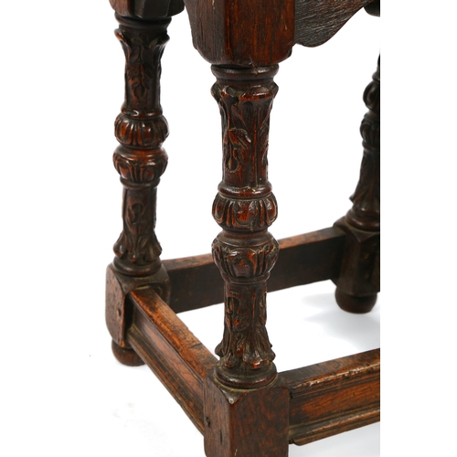 1417 - An Antique oak joint stool with unusual acanthus carved baluster supports, 46cm x 29cm, height 56cm