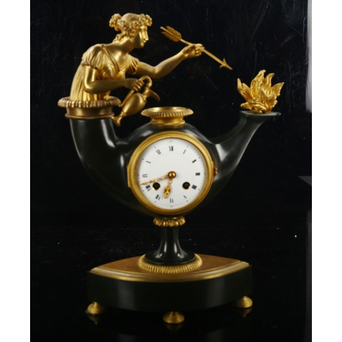 79R - A Vienna Neo-Classical patinated bronze and ormolu Aladdin's lamp 8-day mantel clock, white enamel d... 