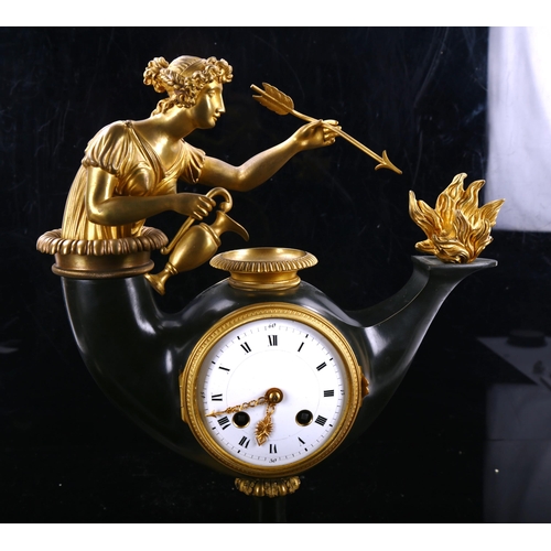 79R - A Vienna Neo-Classical patinated bronze and ormolu Aladdin's lamp 8-day mantel clock, white enamel d... 