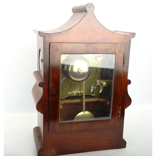 79T - A 19th century chinoiserie brass inlaid mahogany pagoda 8-day mantel clock, by Warre of Bristol, whi... 