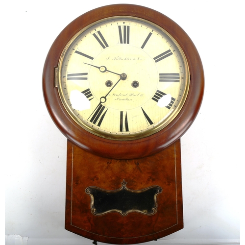 79V - A 19th century walnut and mahogany circular drop dial 8-day wall clock, by Fritschler & Co of London... 