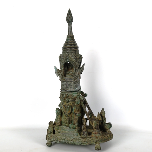 1002 - Thai verdigris bronze offertory shrine, circa 18th century, Ayuttmiya Kingdom (1351 - 1767), with de... 