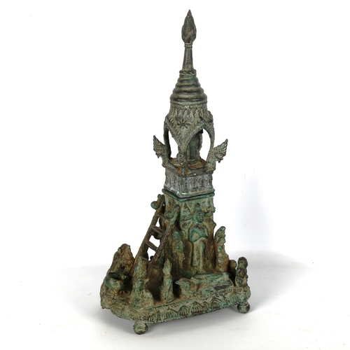 1002 - Thai verdigris bronze offertory shrine, circa 18th century, Ayuttmiya Kingdom (1351 - 1767), with de... 