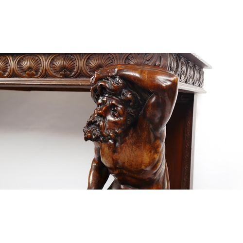 1238 - An impressive 19th century walnut hall/serving table, the top having a leaf carved edge with 2 carve... 