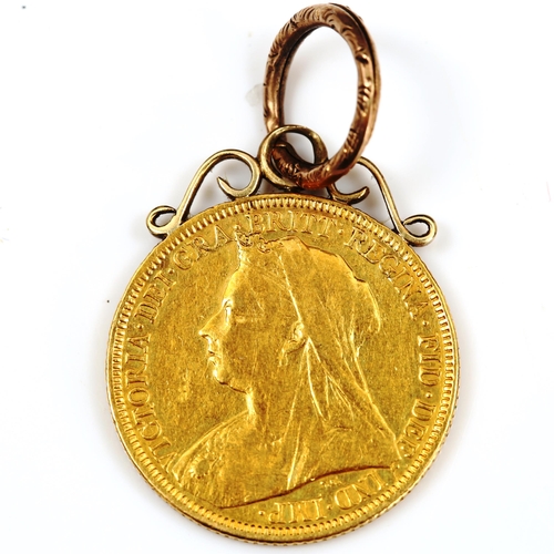 117 - A Victoria 1896 gold full sovereign coin, Old Head, Melbourne Mint, on pendant mount, 8.8g