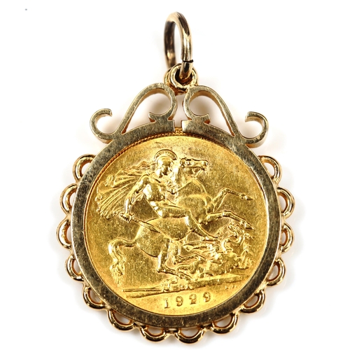 119 - A George V 1929 gold full sovereign coin, South Africa Mint, in 9ct gold pendant mount, 11.3g