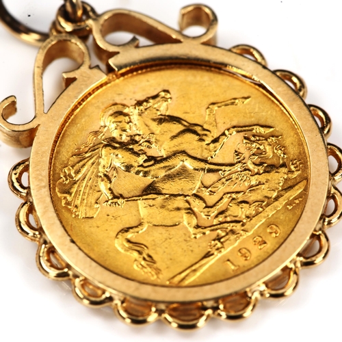 119 - A George V 1929 gold full sovereign coin, South Africa Mint, in 9ct gold pendant mount, 11.3g