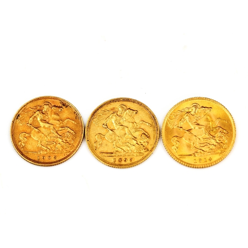 120 - 3 gold half sovereign coins, comprising Victoria 1897, Edward VII 1905, and George V 1914, 11.9g tot... 