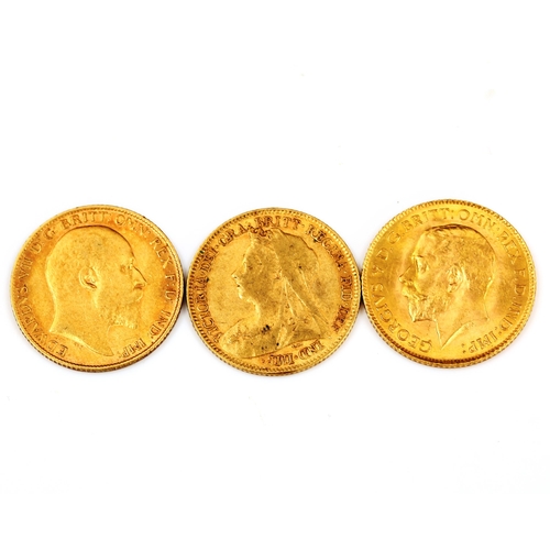 120 - 3 gold half sovereign coins, comprising Victoria 1897, Edward VII 1905, and George V 1914, 11.9g tot... 