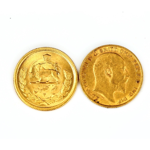 121 - An Edward VII 1902 gold half sovereign coin, 3.9g, and an Iranian 1/2 Pahlavi Mohammed Reza Shah Per... 