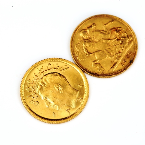 121 - An Edward VII 1902 gold half sovereign coin, 3.9g, and an Iranian 1/2 Pahlavi Mohammed Reza Shah Per... 