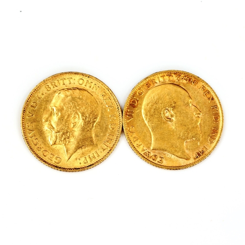 122 - 2 gold half sovereign coins, comprising Edward VII 1909, and George V 1925 (South Africa Mint), 7.9g... 