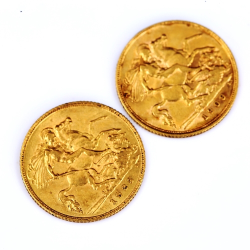 122 - 2 gold half sovereign coins, comprising Edward VII 1909, and George V 1925 (South Africa Mint), 7.9g... 