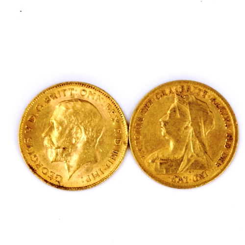 123 - 2 gold half sovereign coins, comprising Victoria 1900, and George V 1911, 7.9g total (2)