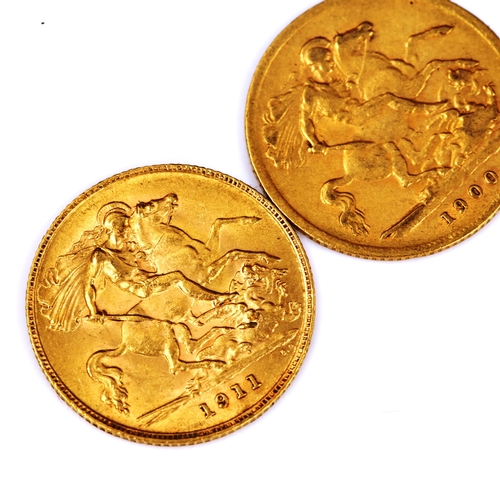 123 - 2 gold half sovereign coins, comprising Victoria 1900, and George V 1911, 7.9g total (2)