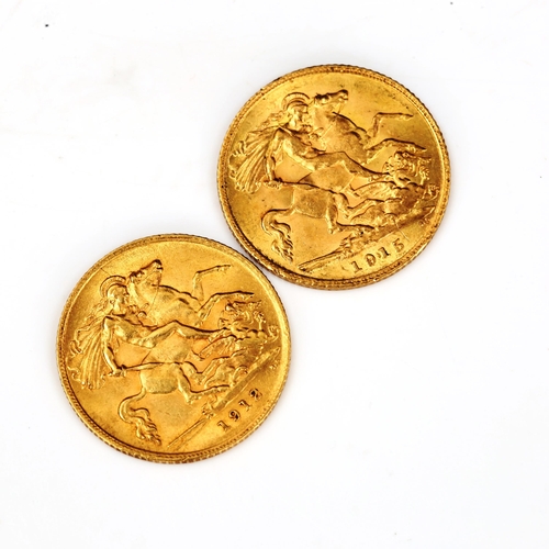 124 - 2 George V gold half sovereign coins, comprising 1912 and 1915, 7.9g total (2)