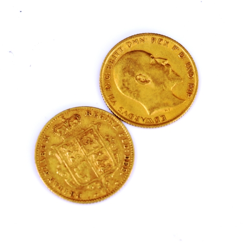 125 - 2 gold half sovereign coins, comprising Victoria Young Head shield 1870, and Edward VII 1904, 7.9g t... 