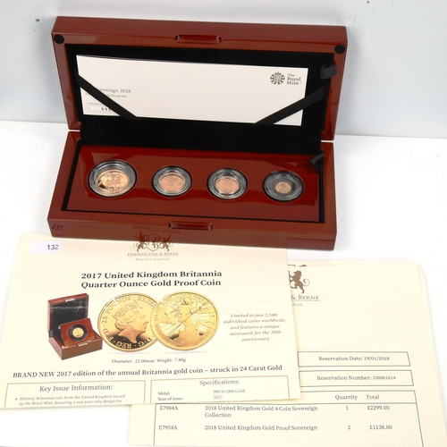 132 - An Elizabeth II 2018 Royal Mint four coin gold proof set, comprising double sovereign, full sovereig... 