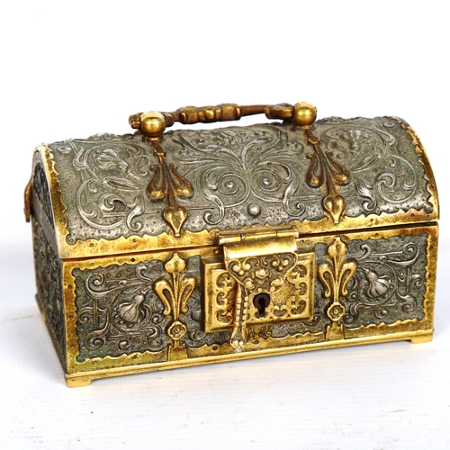 1525 - A Renaissance Revival cast-metal dome-top jewel casket, early 20th century, with relief moulded deco... 