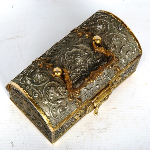 1525 - A Renaissance Revival cast-metal dome-top jewel casket, early 20th century, with relief moulded deco... 