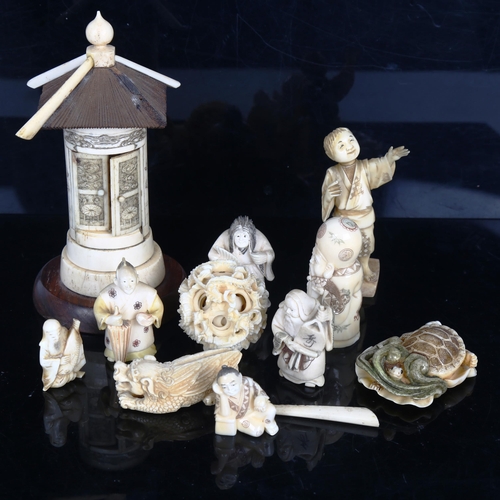 1531 - A group of Oriental ivory and bone carvings, puzzle ball etc