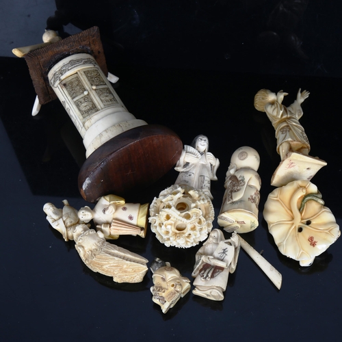 1531 - A group of Oriental ivory and bone carvings, puzzle ball etc