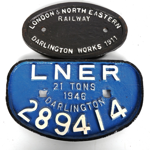 1539 - 2 original cast-iron railway engine identification plates for LNER Darlington 289414, length 28cm, a... 