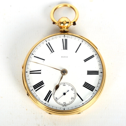 69A - An early 20th century 18ct gold open-face key-wind pocket watch, white enamel dial with Roman numera... 