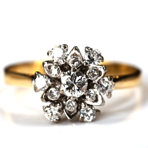 185 - An 18ct gold diamond cluster flowerhead ring, set with modern round brilliant and single-cut diamond... 