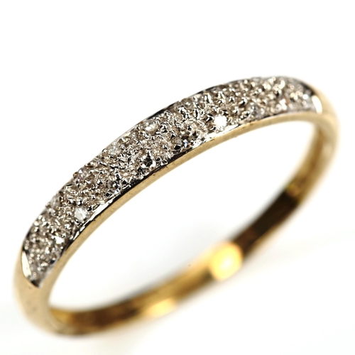 192 - A modern 9ct gold diamond cluster half eternity ring, setting height 3.4mm, size T, 1.6g