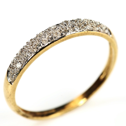 192 - A modern 9ct gold diamond cluster half eternity ring, setting height 3.4mm, size T, 1.6g