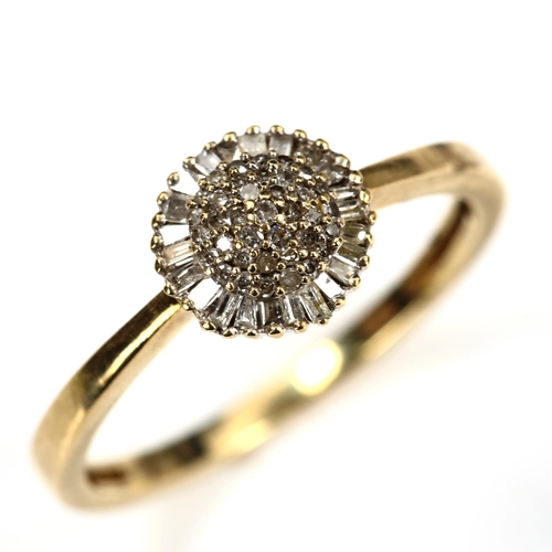 193 - A modern 9ct gold diamond cluster dress ring, set with  a single and baguette-cut diamonds, setting ... 