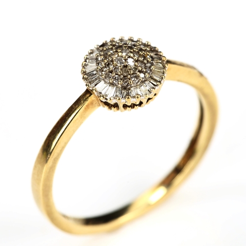 193 - A modern 9ct gold diamond cluster dress ring, set with  a single and baguette-cut diamonds, setting ... 