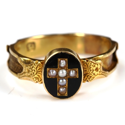 194 - A Victorian 15ct gold split pearl and black enamel cross memorial ring, with engraved floral shoulde... 