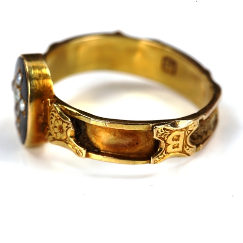 194 - A Victorian 15ct gold split pearl and black enamel cross memorial ring, with engraved floral shoulde... 