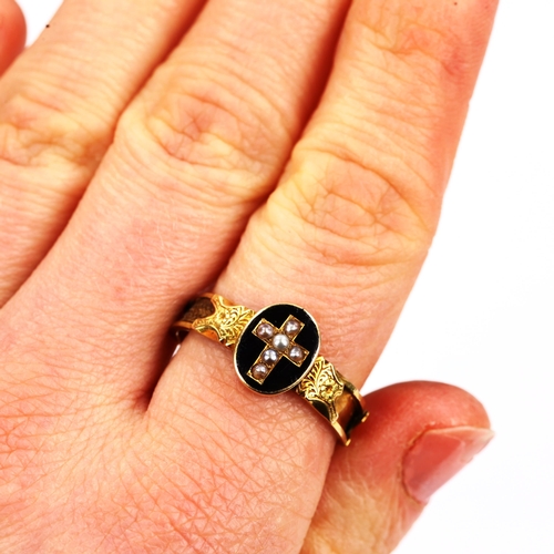 194 - A Victorian 15ct gold split pearl and black enamel cross memorial ring, with engraved floral shoulde... 