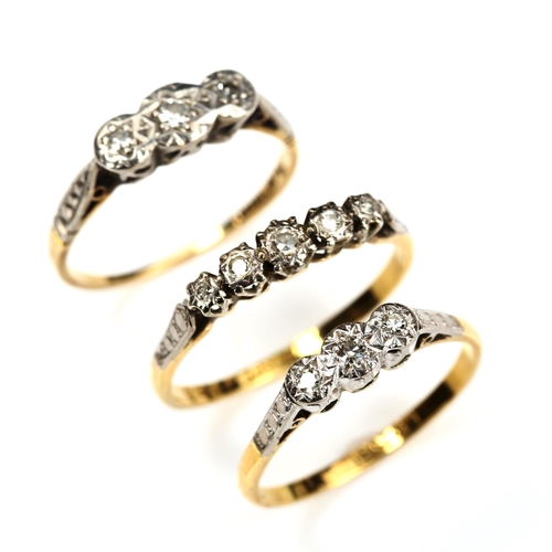 197 - 3 x 18ct gold diamond half hoop rings, sizes O, P and S, 6.9g total (3)