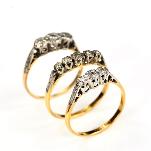 197 - 3 x 18ct gold diamond half hoop rings, sizes O, P and S, 6.9g total (3)