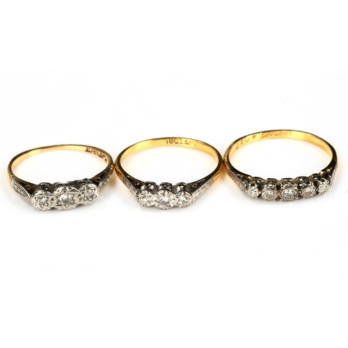 197 - 3 x 18ct gold diamond half hoop rings, sizes O, P and S, 6.9g total (3)