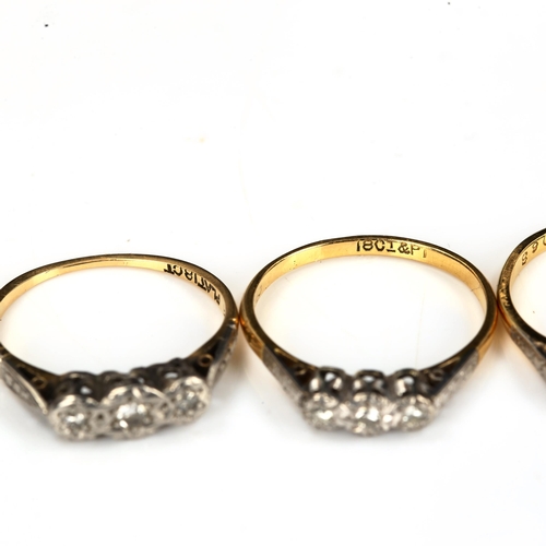 197 - 3 x 18ct gold diamond half hoop rings, sizes O, P and S, 6.9g total (3)