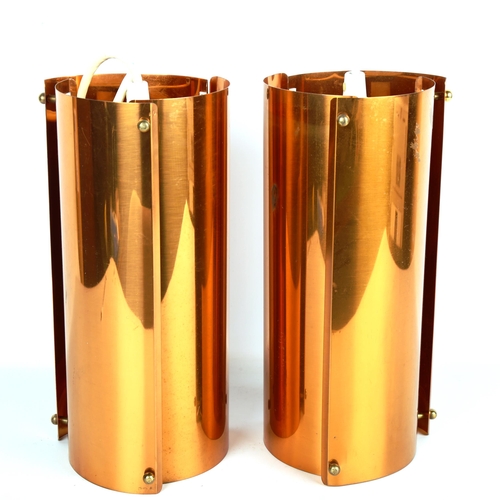 1846 - A pair of mid-century cylinder copper lamp shades with brass detail, height 29cm