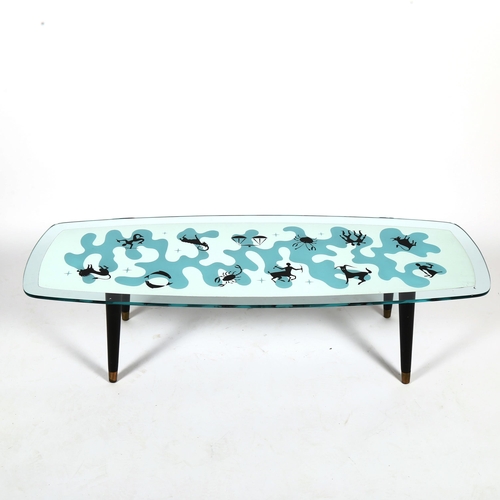 1859 - A Mid-Century glass mirror top Zodiac design coffee table, top 121 x 43cm, height 33cm