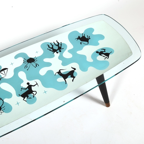 1859 - A Mid-Century glass mirror top Zodiac design coffee table, top 121 x 43cm, height 33cm