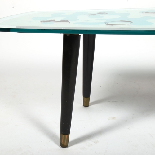 1859 - A Mid-Century glass mirror top Zodiac design coffee table, top 121 x 43cm, height 33cm